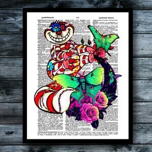 Cheshire Cat Wild Alice Wonderland Luna Moth Book Page Art